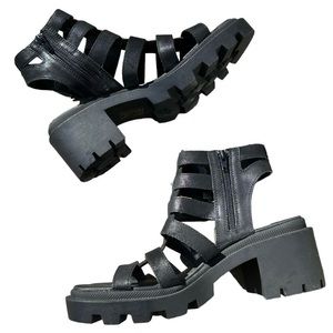 Y2K Pop, Black, Vegan Leather Sundress Gladiator Lug Sole, Buckle Sandal